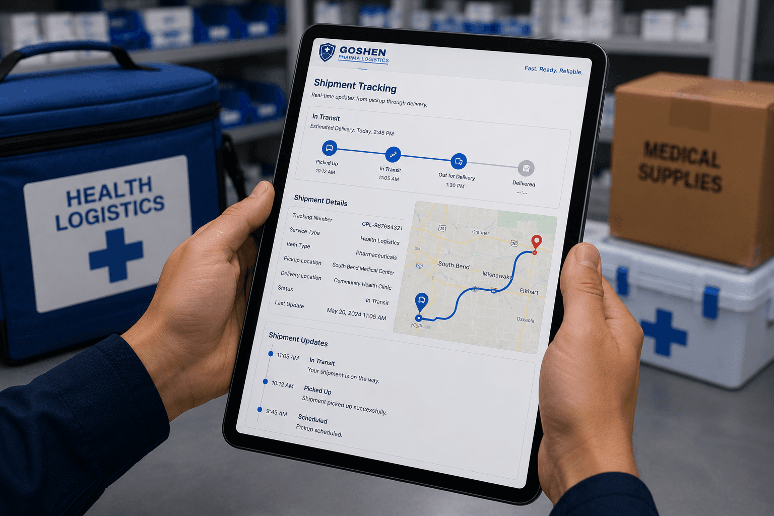 Tablet displaying a delivery tracking route