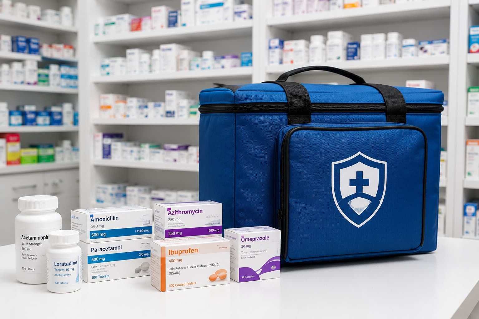 Blue insulated pharmaceutical delivery bag and medication products in a pharmacy