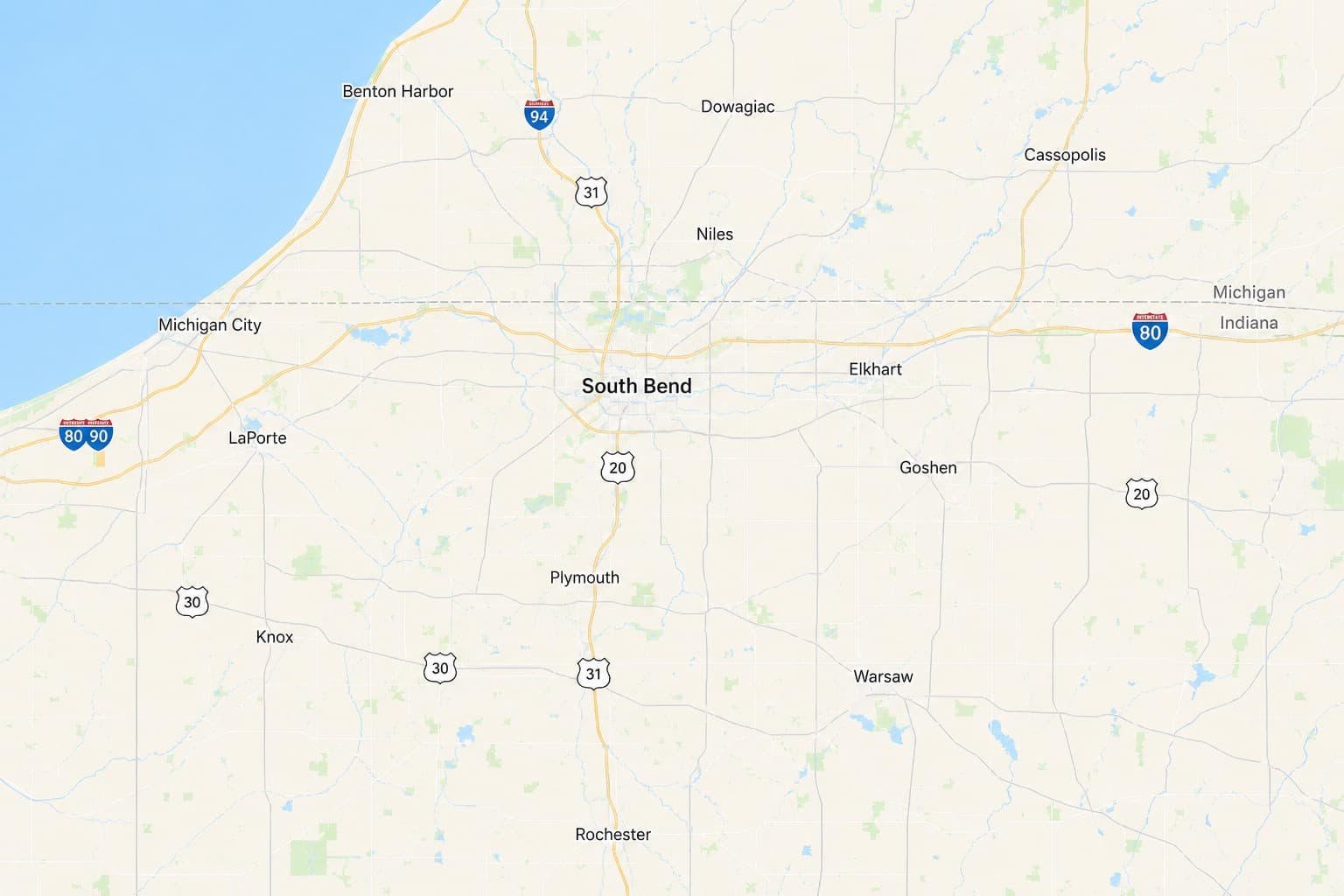 Map of South Bend, Indiana, and the surrounding two-hour service area