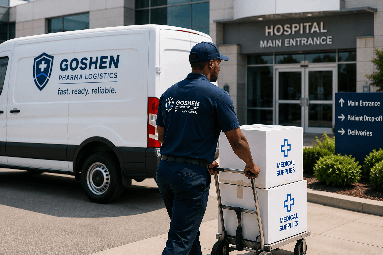 Goshen Pharma Logistics courier delivering medical supplies to a hospital
