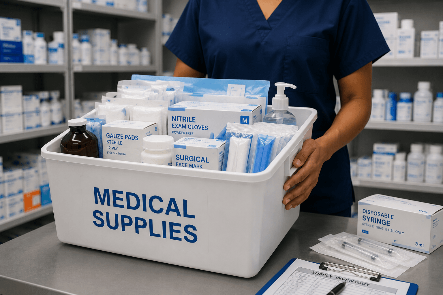 Healthcare worker carrying a labeled medical supplies container