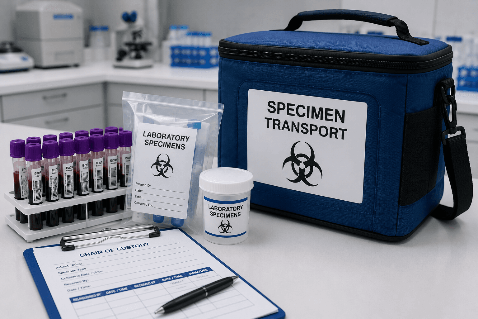 Blue insulated specimen transport container