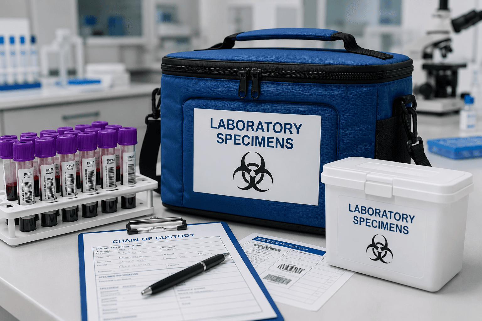 Specimen tubes and a blue insulated laboratory transport bag in a clean laboratory