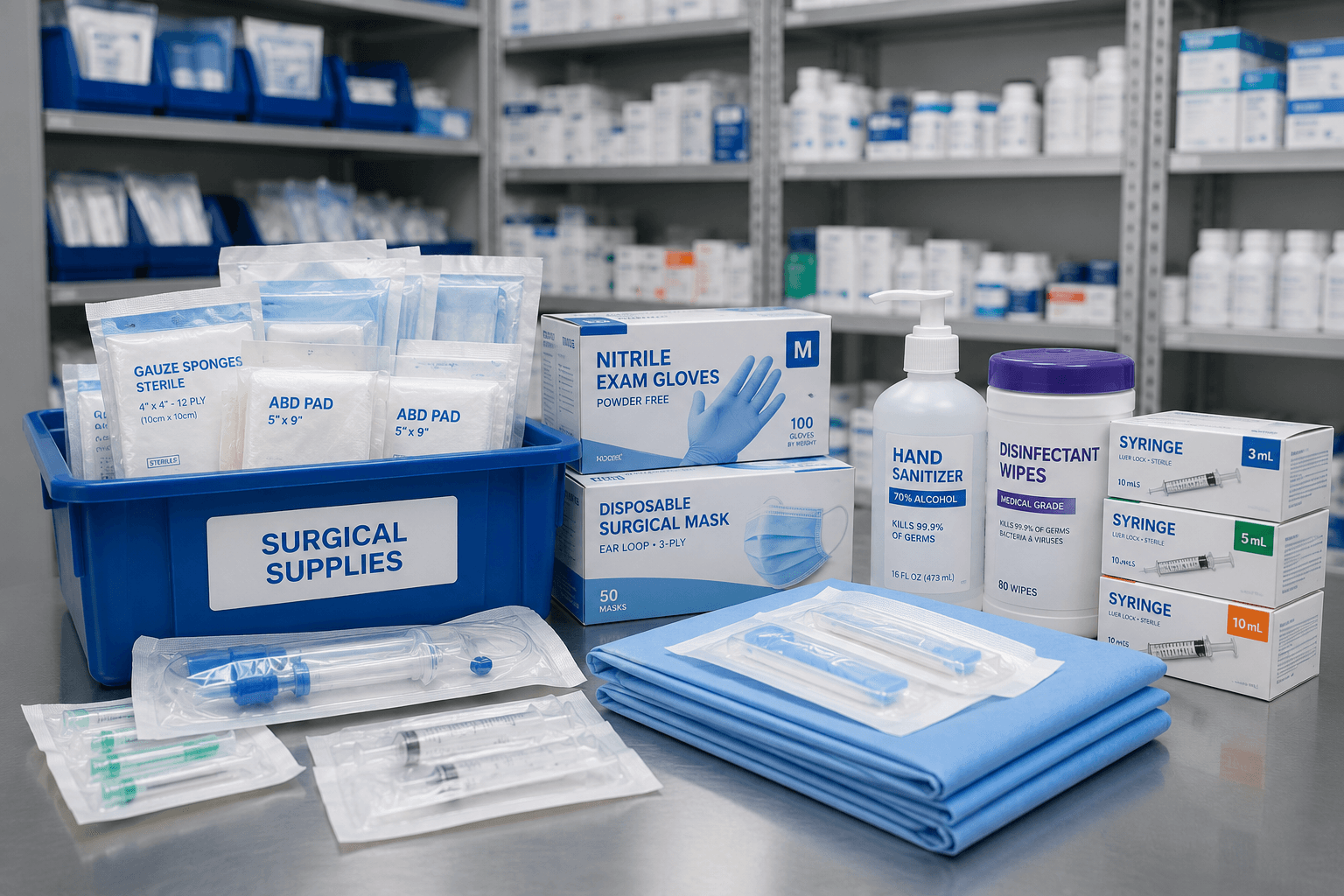 Organized sterile medical supplies, gloves, masks, and clinical equipment