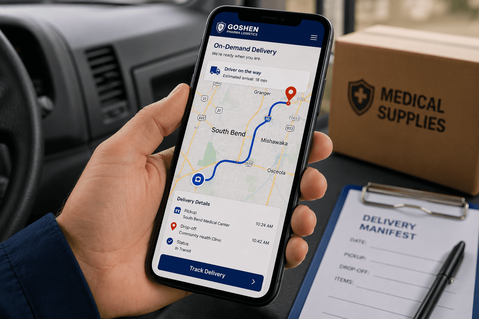 Courier route displayed on a phone for an on-demand delivery