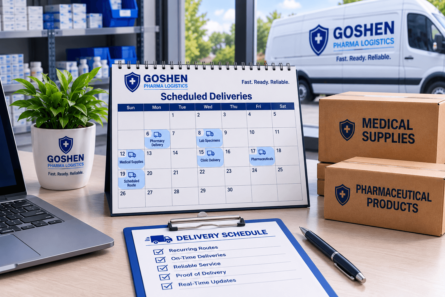 Calendar beside a prepared delivery package for scheduled courier service